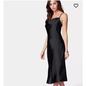 Bebe Elegant Black Cowl Neck Satin Midi Slip Dress